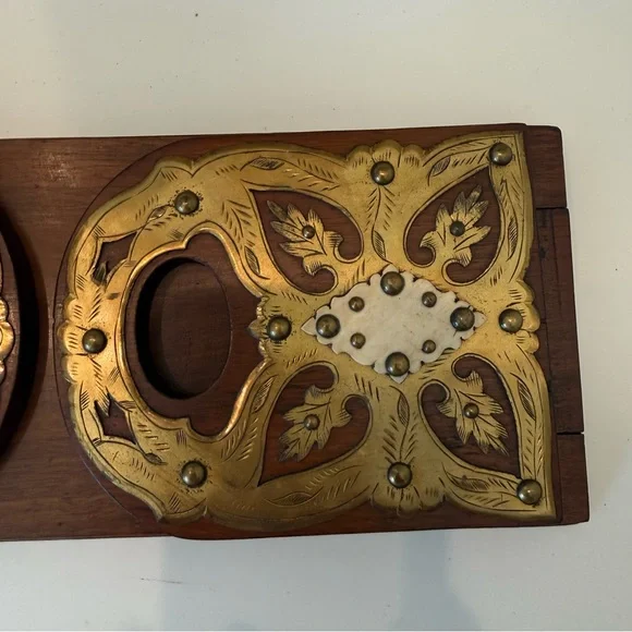 Antique Brass Mounted Wood Expandable Book Rack Victorian Folding Bookends Accents